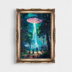May include: Oil painting in a gold ornate frame depicts a UFO hovering over a forest, emitting a bright beam of light. Silhouetted figures stand below, illuminated by the light. The artwork features a vibrant color palette of blues, greens, and pinks.