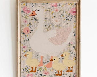Mother Goose with Ducklings Floral Folk Art Print, Vintage Nursery Bird Painting, Farmhouse Spring Animal Wall Art (Digital Download)