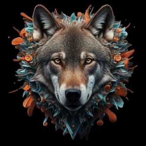 May include: A wolf's head with a fierce expression, surrounded by a swirling pattern of orange and blue abstract shapes.