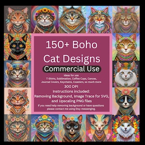 Boho Cat Clipart Bundle, 150+ Cat Clipart Sublimation Designs, cat Breeds PNG File,Cute Cat Digital Illustration,Kitten Portrait Prints
