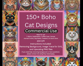 Boho Cat Clipart Bundle, 150+ Cat Clipart Sublimation Designs, cat Breeds PNG File,Cute Cat Digital Illustration,Kitten Portrait Prints