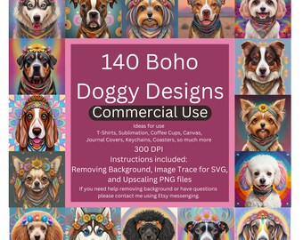 Paquete de imágenes prediseñadas de perros Boho, 140 diseños de sublimación de imágenes prediseñadas de perros, archivo PNG de razas de perros, ilustración digital de perros lindos, impresiones de retratos de cachorros