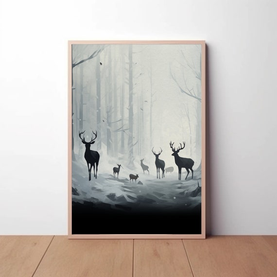 Enchanted Winter Forest with Majestic Deer - Digital Painting