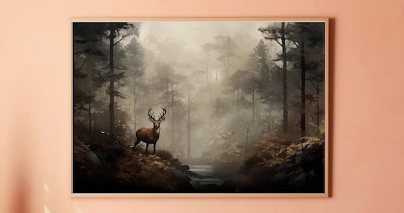 Deer in the Forest Landscape Digital Download Samsung Frame TV Art, Serene, Country Painting,