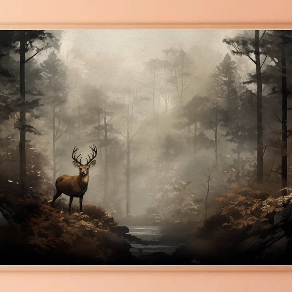 Deer in the Forest Landscape Digital Download Samsung Frame TV Art, Serene, Country Painting,