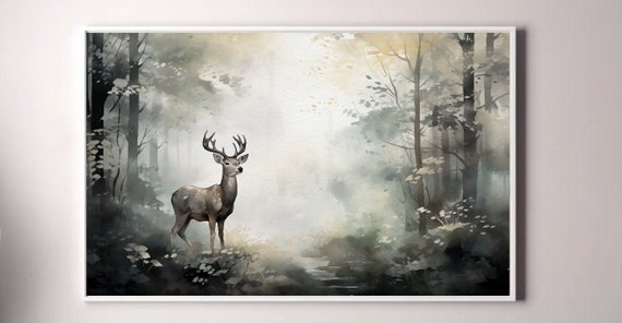 Deer in the Forest Landscape Digital Download Samsung Frame TV Art, Serene, Country Painting,