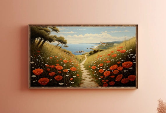 Ocean Backdrop Landscape Digital Download Samsung Frame TV Art, Serene, Country Painting, Wildflowers