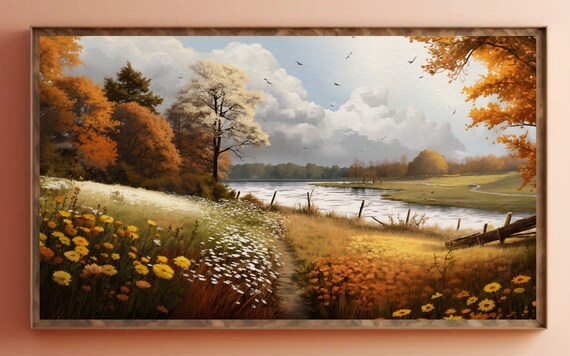 Autumn Countryside Landscape Digital Download Samsung Frame TV Art,  Wildflower Field, Flower Meadow, Warm Tone, Serene, Country Painting