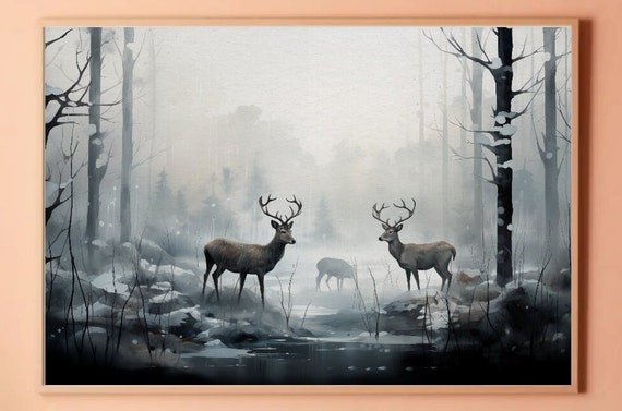 Deer in the Winter Forest Landscape Digital Download Samsung Frame TV Art, Serene, Country Painting,
