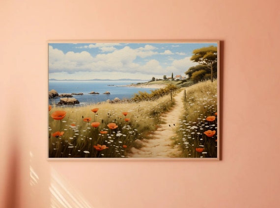 Landscape Digital Download Samsung Frame TV Art, Serene, Country Painting, Wildflowers, Poppies, Ocean View