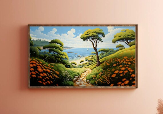 Landscape Digital Download Samsung Frame TV Art, Serene, Country Painting, Wildflowers, Poppies, Ocean View