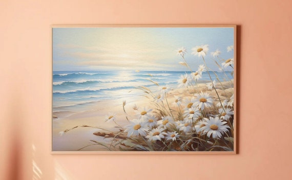 Landscape Digital Download Samsung Frame TV Art, Serene, Country Painting, Wildflowers, Daisies, Ocean View