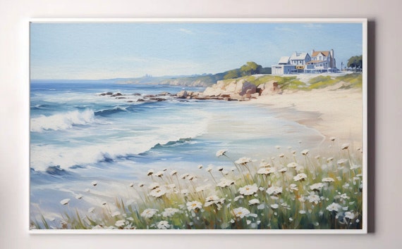 Beach House Digital Download Samsung Frame TV Art,  Wildflower Field,  Country Painting, Crashing Waves, Blue Sky