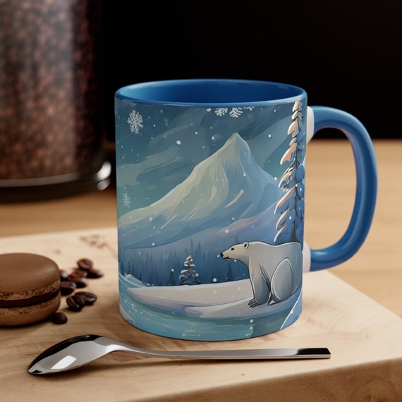Polar Bear Winter Scene Coffee Mug 11oz, Seasonal Decor, Holiday Gifts