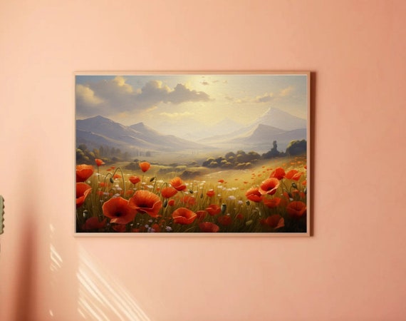 Landscape Digital Download Samsung Frame TV Art, Serene, Country Painting, Wildflowers, Poppies, Mountains
