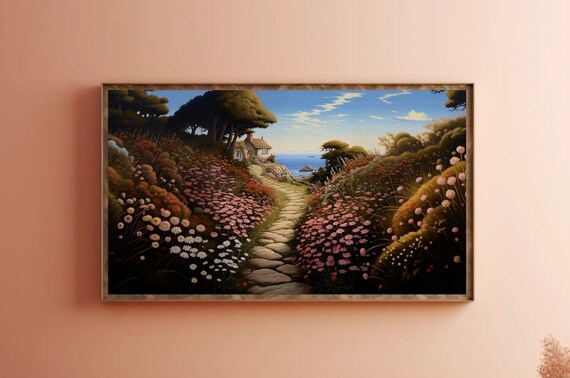 Landscape Digital Download Samsung Frame TV Art, Serene, Country Painting, Wildflowers, Poppies, Orange field of Flowers
