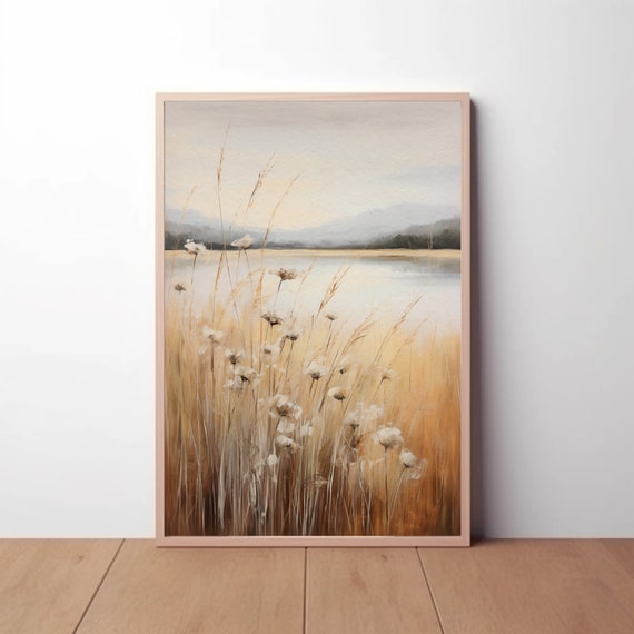 Golden Tranquility: Reeds by the Calm Lake - Digital Painting