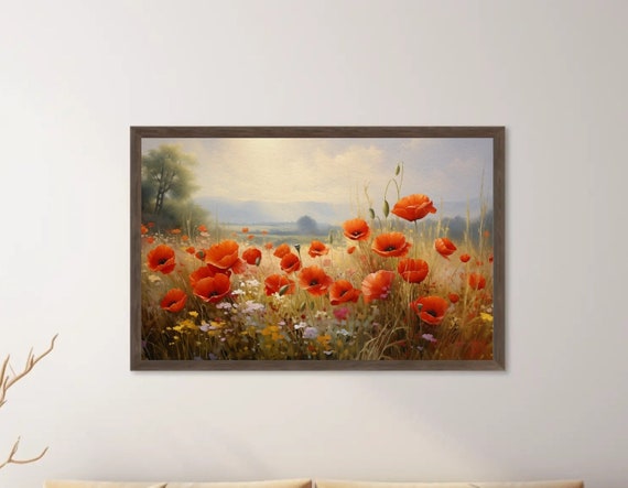 Landscape Digital Download Samsung Frame TV Art, Serene, Country Painting, Wildflowers, Poppies, Orange field of Flowers