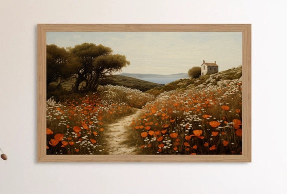 Landscape Digital Download Samsung Frame TV Art, Serene, Country Painting, Wildflowers, Poppies, Mountains