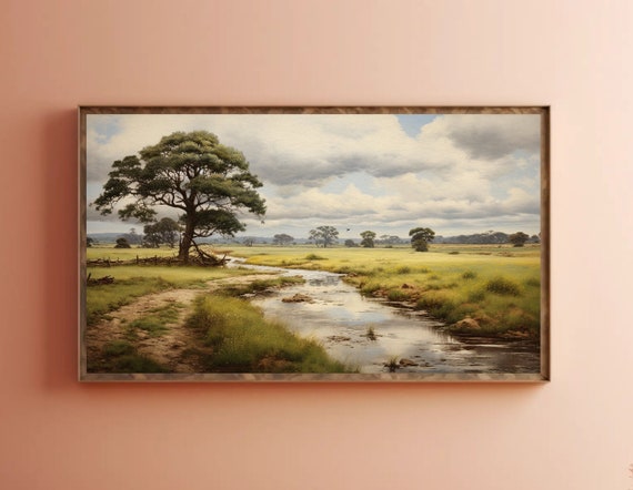 Countryside Landscape Digital Download Samsung Frame TV Art,  , Serene, Country Painting, Stream running through a field, cloudy sky