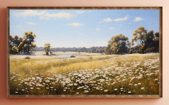 Countryside Landscape Digital Download Samsung Frame TV Art,  Wildflower Field, Flower Meadow, Warm Tone, Serene, Country Painting