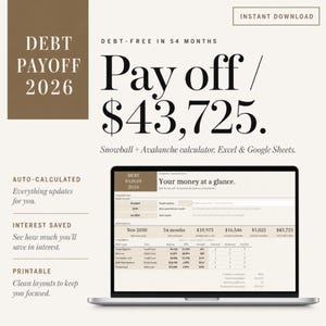 Op de afbeelding: Een laptopscherm toont een financieel spreadsheet met de tekst "DEBT PAYOFF 2026" en "Pay off / $43.725." De afbeelding bevat ook de zinnen "AUTO-CALCULATED" en "INTEREST SAVED", wat wijst op een tool voor schuldenbeheer. De woorden "INSTANT DOWNLOAD" zijn ook zichtbaar.