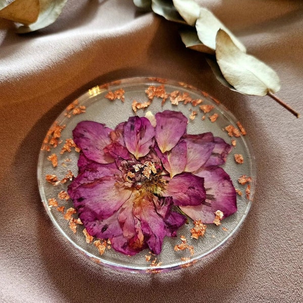 Dessous de bougie / verre en résine epoxy avec fleurs séchées et feuilles rose gold