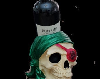 Botellero, Portabotellas de vino, Escultura pirata, Botellero, Portabotellas, Regalo de vino para Halloween Botellero pirata, Calavera