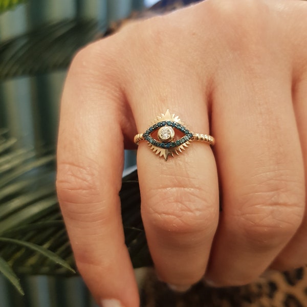 Diamond Ring, 0,16 K Diamond Ring, Real Natural Diamond Ring, Real Gold Ring Evil Eye Ring Blue Diamond 22pcs 0,11K