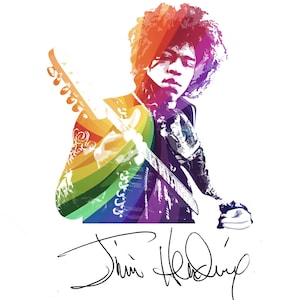 May include: A colourful illustration of Jimi Hendrix playing an electric guitar. His signature is below the image.