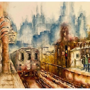 May include: Watercolor painting of a city subway scene. A train is approaching a station with people waiting. The artwork features a muted color palette of browns, blues, and yellows, with a cityscape in the background.