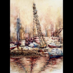 Chicago River Bridge, Original Art Print Giclée  Watercolor Plein Air Painting, cityscape, boats loop wall art, christmas gift home decor