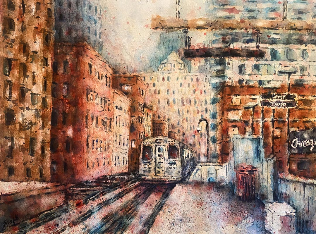 Chicago El Train, Original Wall Art Print Home Decor Giclée Plein Air ...
