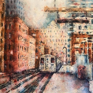 May include: Watercolor painting of a city scene with a train entering a station. The buildings are primarily shades of brown and orange, with a train car in the center. The word "Chicago" is visible on a sign.