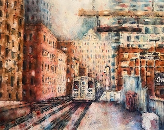 Chicago El train, Original Wall Art Print Home Decor Giclée Plein Air Watercolor Painting Downtown Cityscape holiday winter Christmas gift