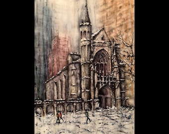Chicago Michigan Avenue Winter Fourth Presbyterian Church, Original Art Print Giclée Watercolor Painting Wall Art