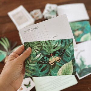 May include: A postcard with a green and black butterfly design, held in a hand. The postcard has the word "POSTCARD" printed on it. The background features other postcards and stationery with similar butterfly and leaf patterns.