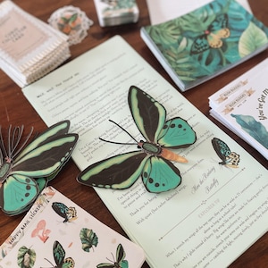 May include: An assortment of stationery items featuring butterfly and botanical designs. Includes stickers, notebooks, and cards with text. The color palette includes teal, black, and green, with a wooden surface.
