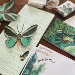 May include: A collection of stationery items featuring butterfly and tropical leaf designs. Includes a notepad, notecards, stickers, and decorative butterfly cutouts. The notepad has text that reads "How the Birdwing Butterfly" and "You've Got Mail!"