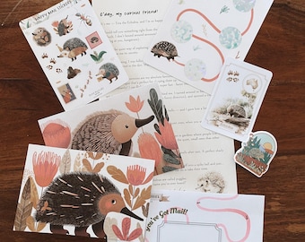 Monthly snail mail club for kids - February Happy Mail, Echidna, pen pal letter, Aussie Animal, collectibles, stickers, fact cards, craft