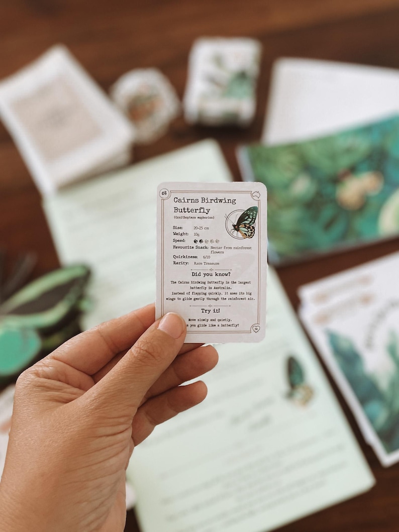 May include: A hand holding a card featuring a Cairns Birdwing Butterfly illustration. The card includes details about the butterfly's size, weight, and speed. Other cards and stationery are visible in the background.