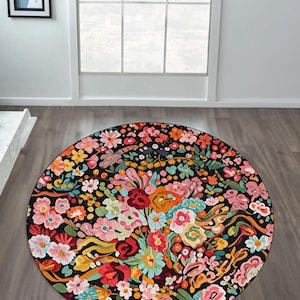 Flower Rug, Flower Round Rug, Graffiti Rug, Art Rug, Flower Pattern Rug, Round Rug, Botanical Rug, Decorative Rug, Living Room Decor,