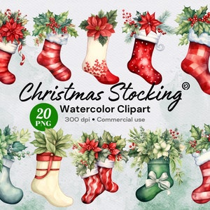 Christmas stocking clipart, Christmas clipart, Watercolor Christmas, Xmas, Christmas ornament, PNG clipart, Winter, Commercial Use