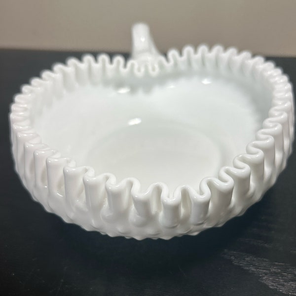 Fenton Heart-Shaped Bowl White Hobnail Milk Glass Ruffled Edge with Loop Handle Vintage is Excellent Condition