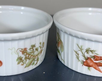 Vintage Pillivuyt France Set of 2 Ribbed Porcelain Ramekin's Lave Vaisselle Decor Grand FEU. Vegetable themed Design. Excellent Condition.