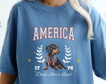 Dachshund 4th of July shirt, Dachshund shirt for Dog Owner, Doxie Stars Land, Wiener dog gift, 4th of July dog