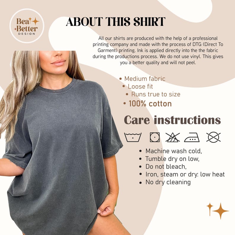 May include: A grey, loose-fitting t-shirt with the text "About This Shirt" and care instructions. The shirt is made of 100% cotton and is machine washable.