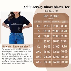 May include: Black short-sleeve tee shirt with a size chart in inches. The chart provides measurements for width, length, and sleeve length for sizes XS to 4XL. The text reads "Adult Jersey Short Sleeve Tee".