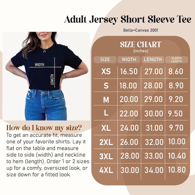 May include: Black short-sleeve tee shirt with a size chart in inches. The chart provides measurements for width, length, and sleeve length for sizes XS to 4XL. The text reads "Adult Jersey Short Sleeve Tee".