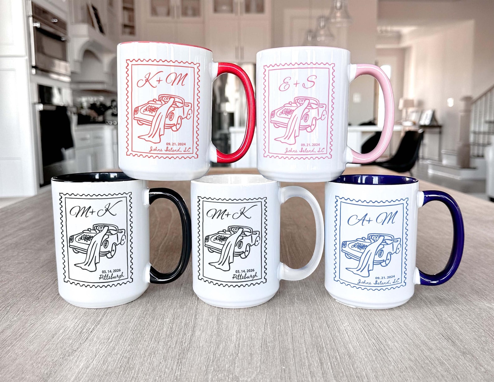 Personalized Wedding Mug, Custom Name Initial Coffee Cup, Elegant Gift for Newlywed Couple, Bridal Party Favor, wedding keepsake - 15oz Mug, Accent Pink